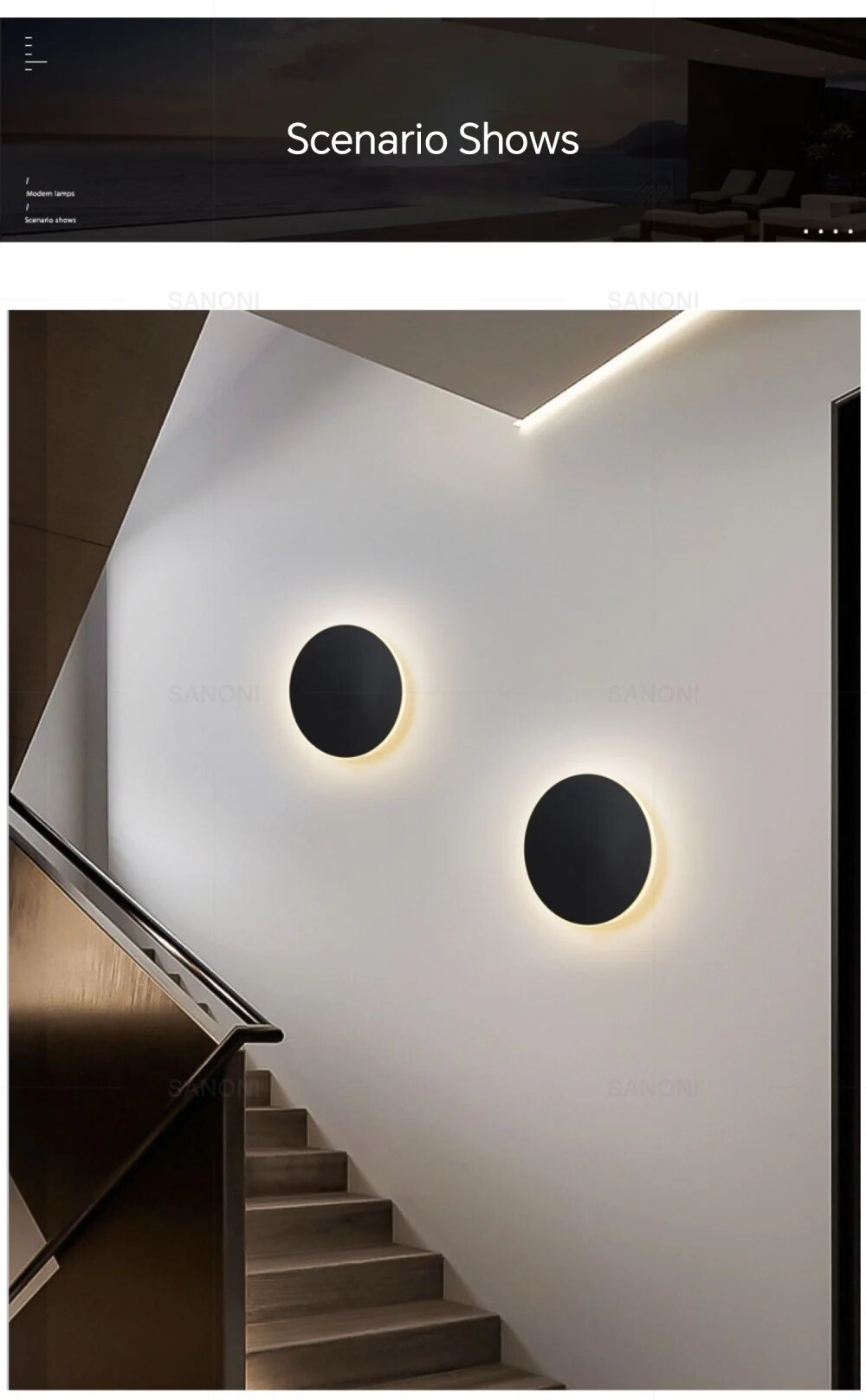 Luminária de parede LED circular com design minimalista e acabamento em aço escovado.