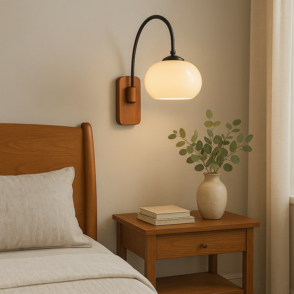 Luminária de parede ajustável em estilo Bauhaus contemporâneo, com luz difusa e design minimalista para uma decoração de interiores sofisticada.