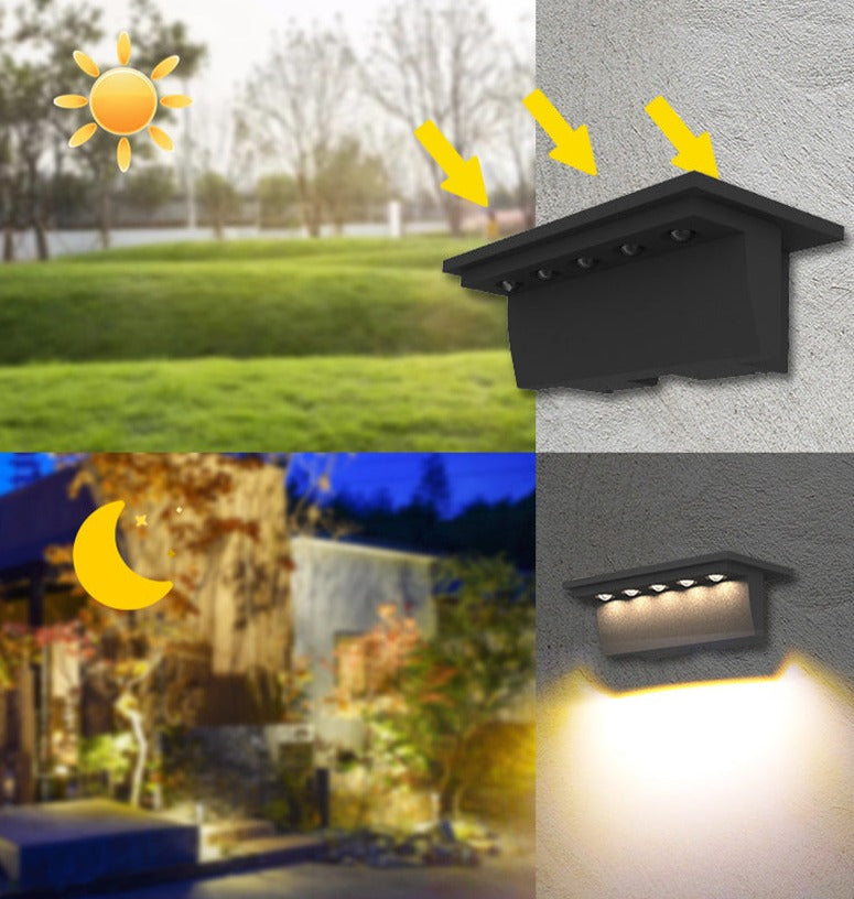 Luminária de parede elegante com iluminação LED ambiente e acabamento resistente em aço inoxidável para exteriores.