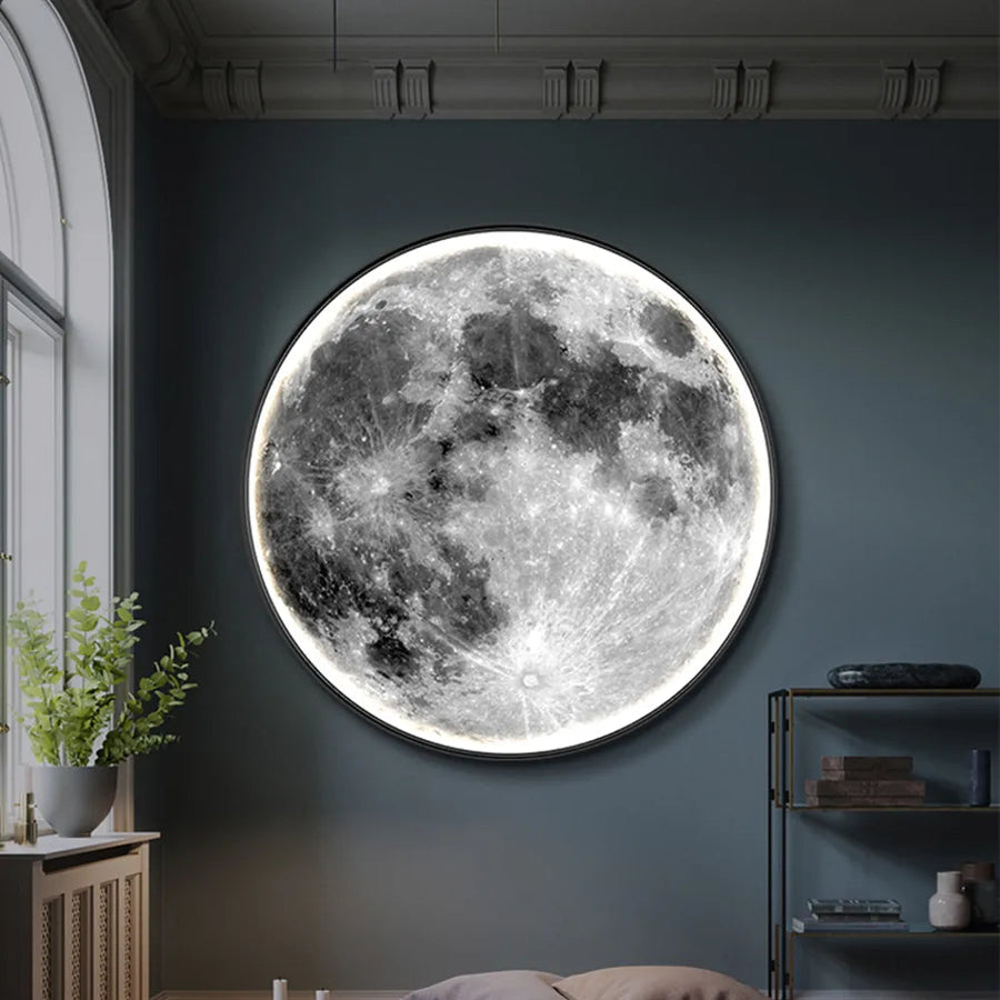 Luminária de parede em LED com design inspirado na lua, proporcionando uma iluminação suave e etérea.