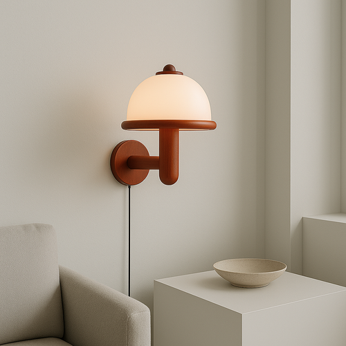 Luminária de parede em formato de cogumelo, com iluminação suave e design minimalista, ideal para ambientes sofisticados.