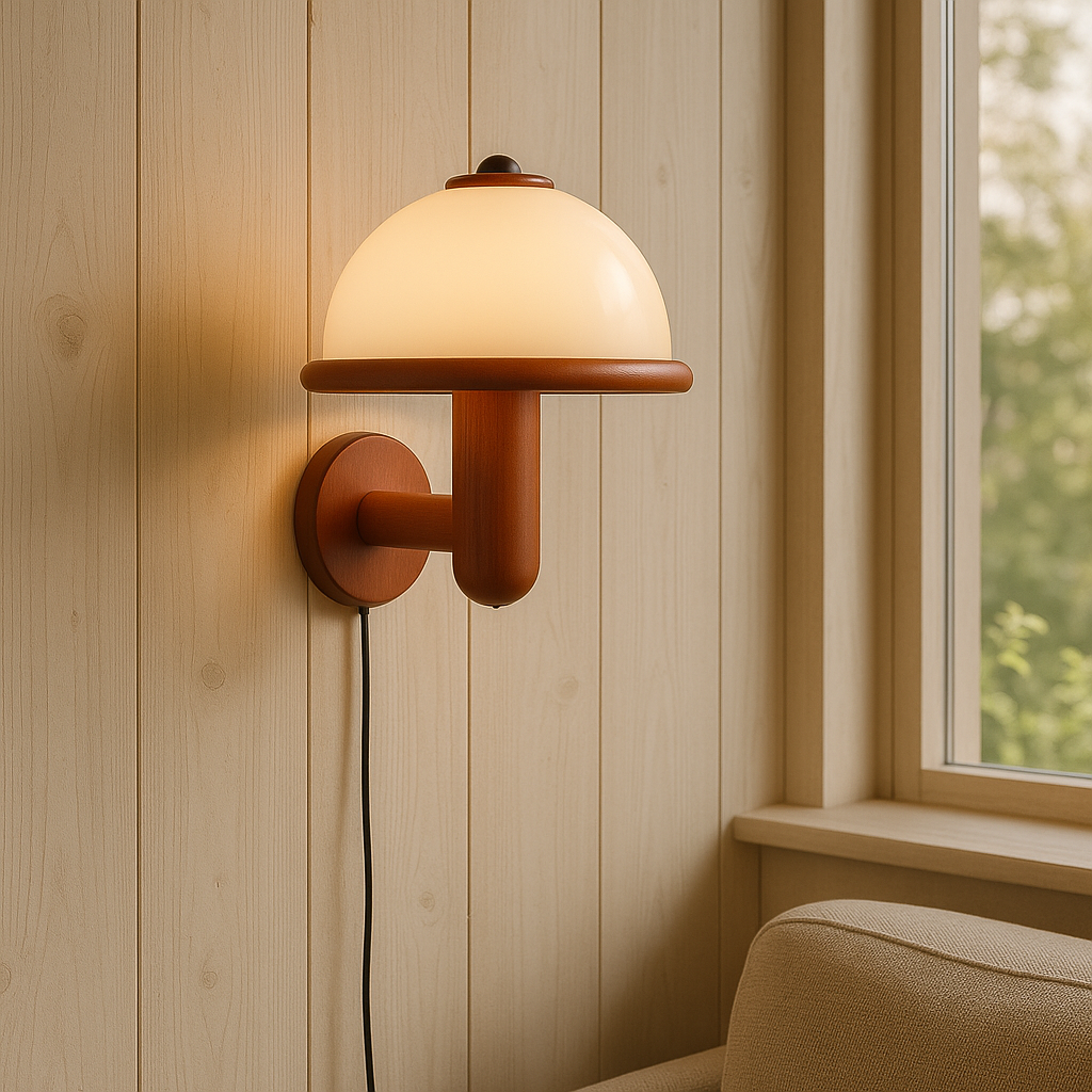 Luminária de parede em formato de cogumelo, com iluminação suave e design minimalista, ideal para ambientes sofisticados.