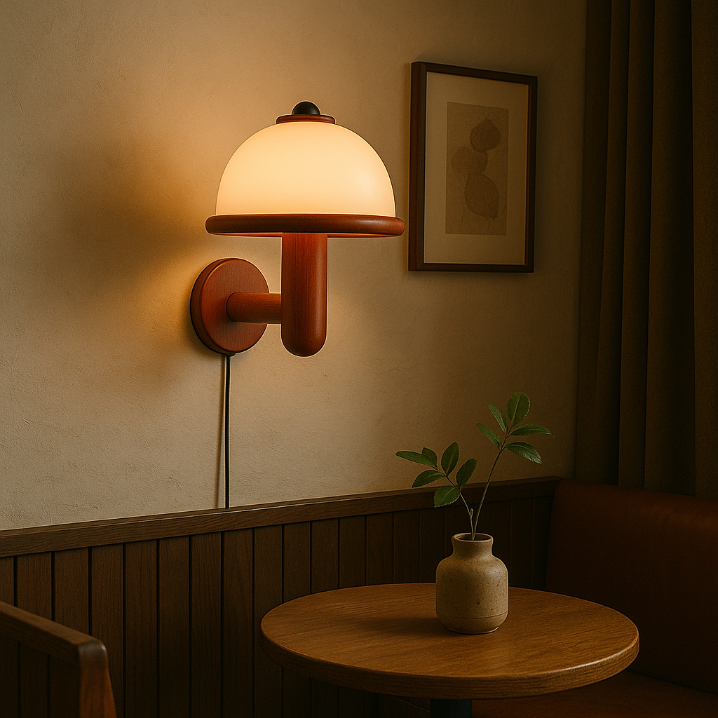 Luminária de parede em formato de cogumelo, com iluminação suave e design minimalista, ideal para ambientes sofisticados.