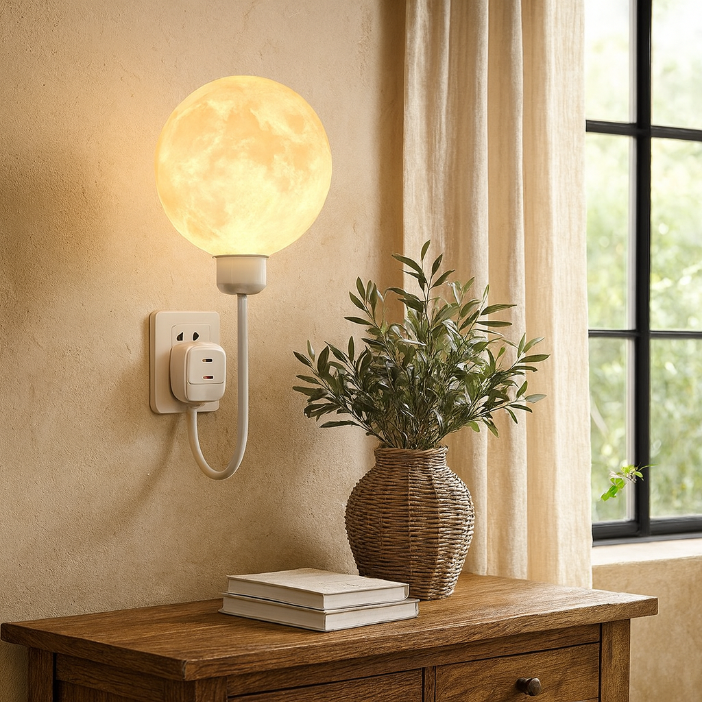 Luminária de parede em formato lunar com brilho suave e design contemporâneo para uma iluminação acolhedora. Usuário
