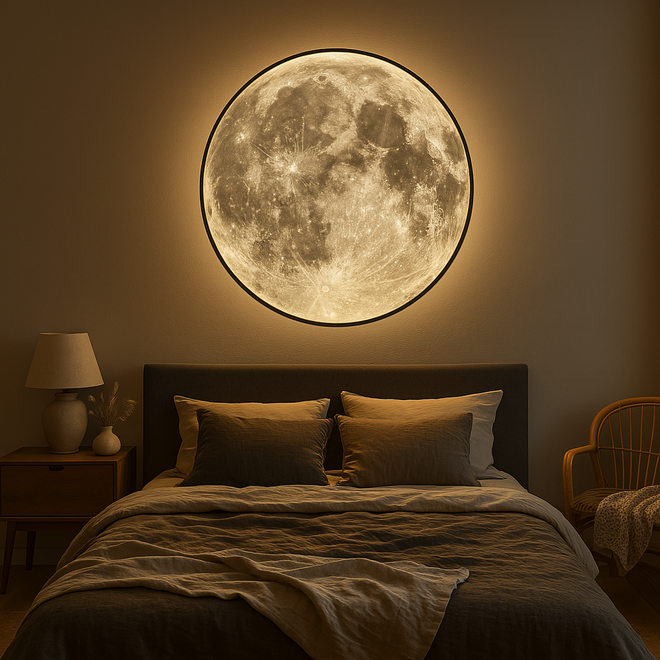 Luminária de parede em formato lunar com iluminação suave e difusa, ideal para interiores sofisticados.
