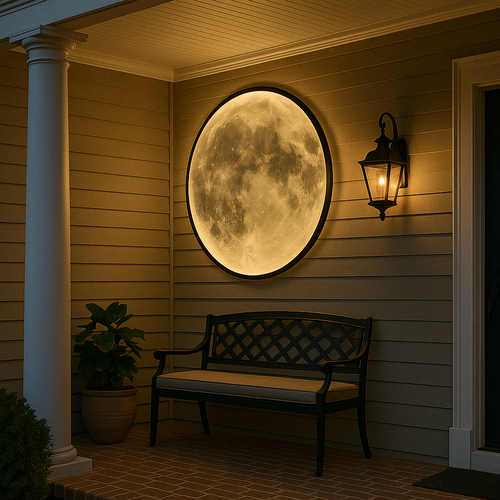 Luminária de parede em formato lunar com iluminação suave e difusa, ideal para interiores sofisticados.