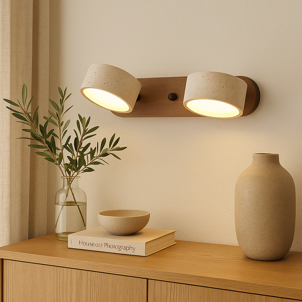 Luminária de parede em travertino refinado, com iluminação suave e design contemporâneo para ambientes sofisticados.