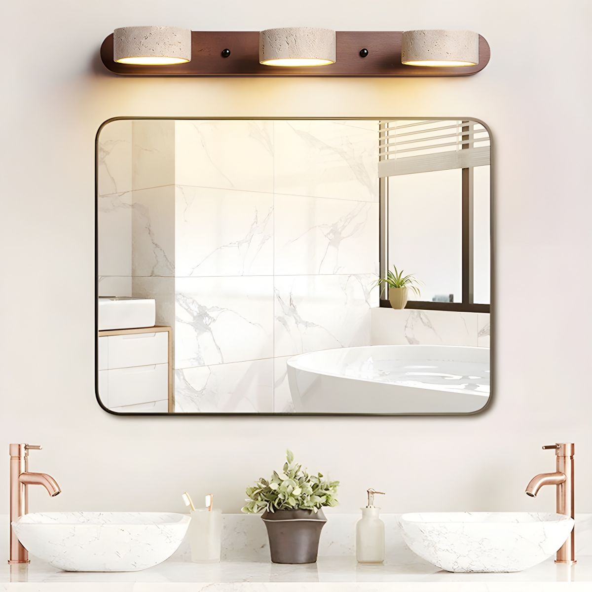 Luminária de parede em travertino refinado, com iluminação suave e design contemporâneo para ambientes sofisticados.
