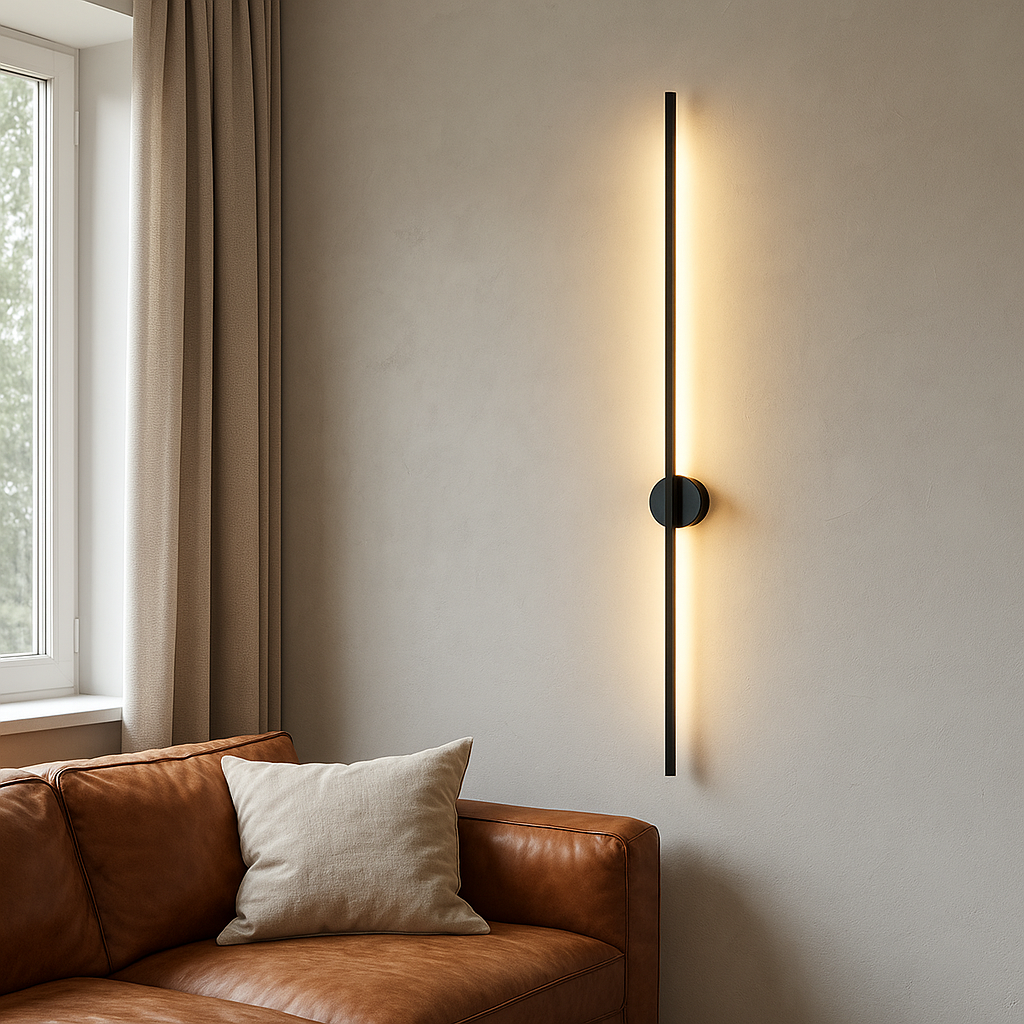 Luminária de parede linear com iluminação suave e design moderno e sofisticado, ideal para adicionar um toque de elegância atemporal à sua decoração.