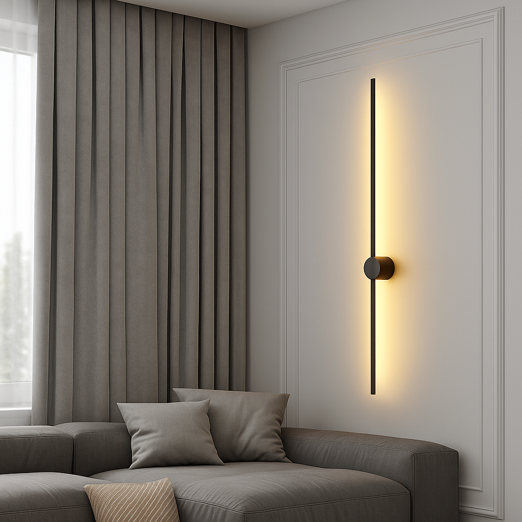 Luminária de parede linear com iluminação suave e design moderno e sofisticado, ideal para adicionar um toque de elegância atemporal à sua decoração.