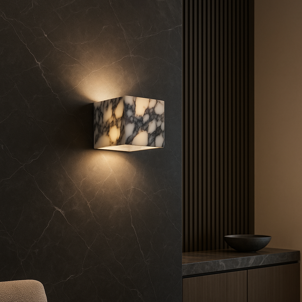 Luminária de parede sofisticada em mármore polido, ideal para iluminar ambientes modernos com um toque de elegância atemporal. Quadrado