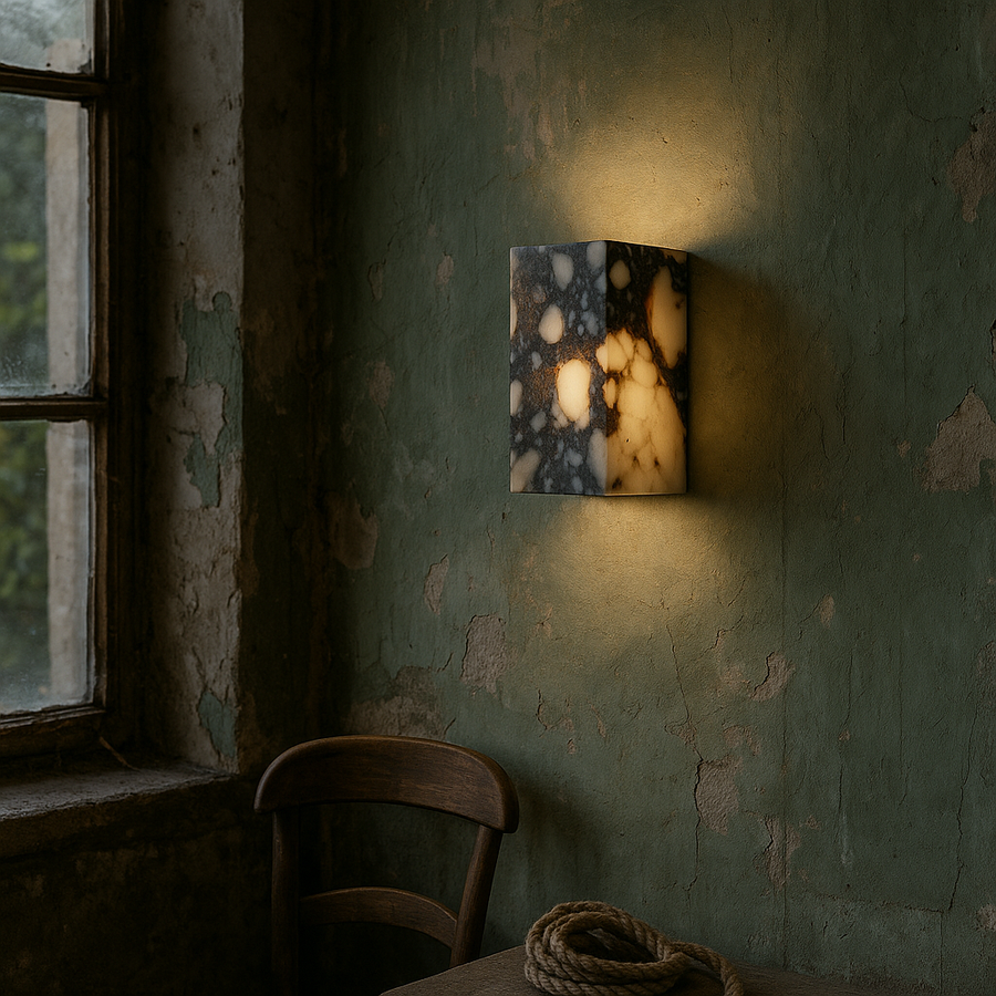 Luminária de parede sofisticada em mármore polido, ideal para iluminar ambientes modernos com um toque de elegância atemporal. Retângulo