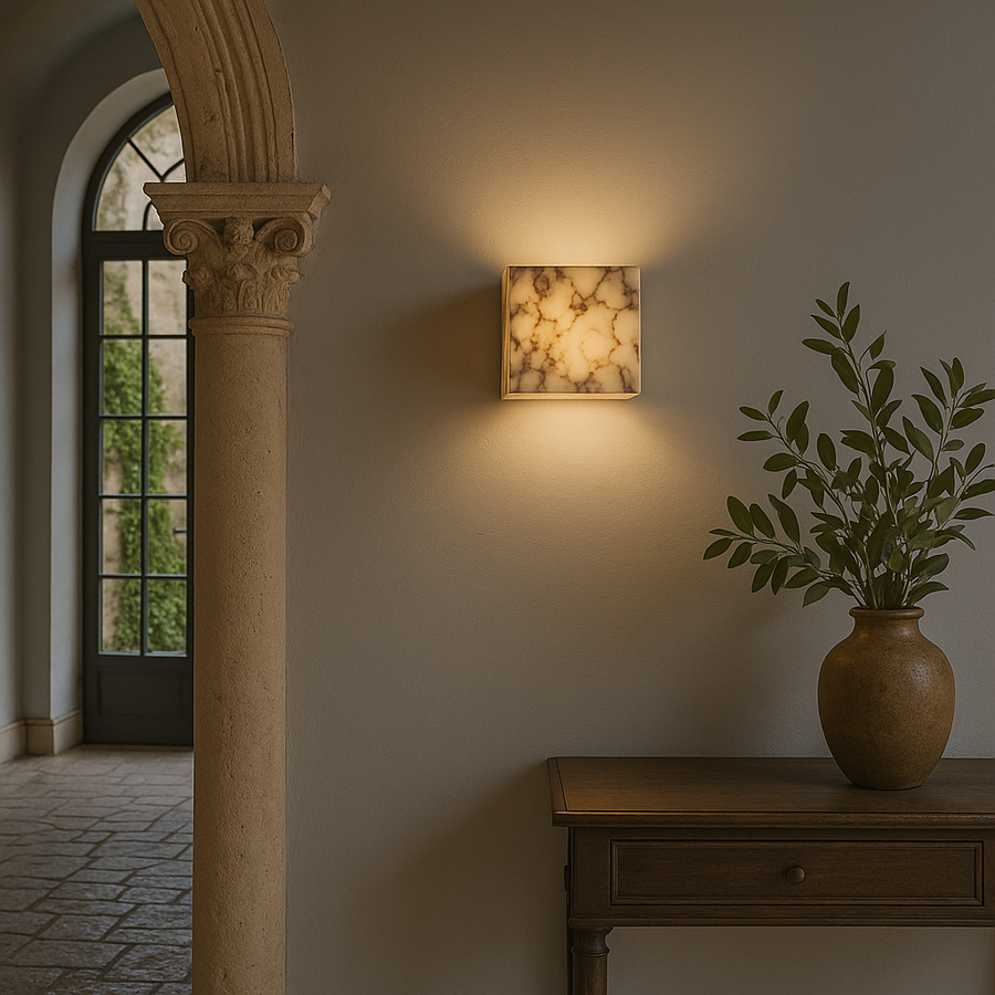 Luminária de parede sofisticada em mármore polido, ideal para iluminar ambientes modernos com um toque de elegância atemporal.