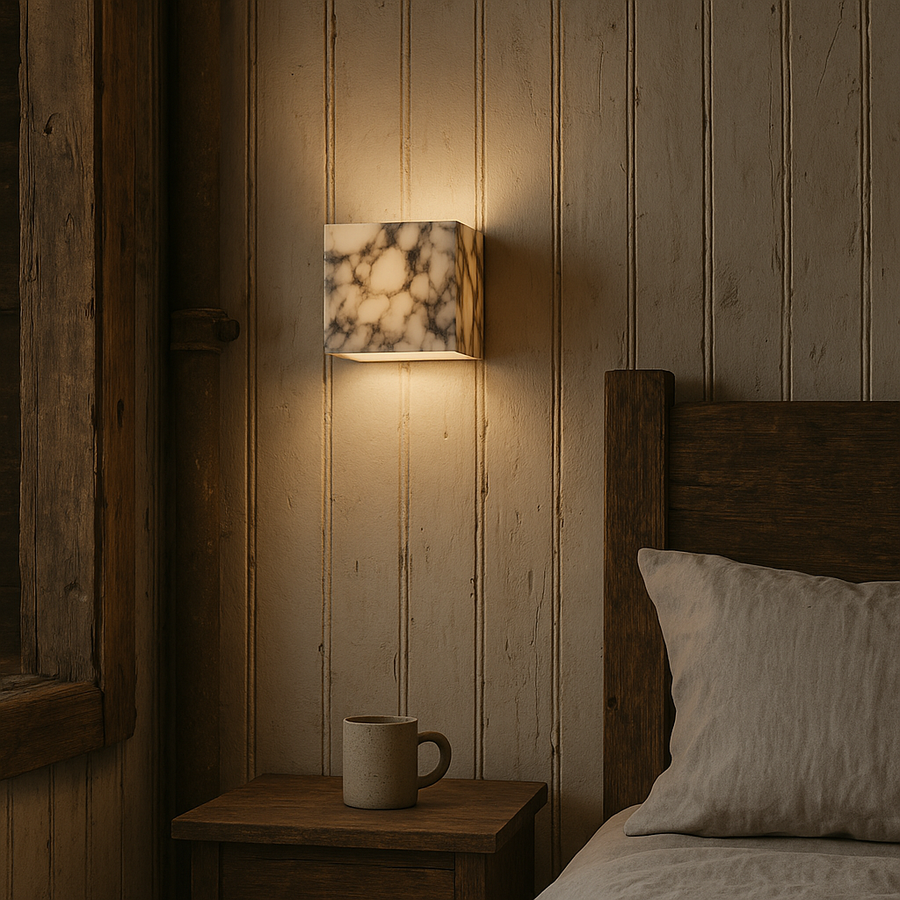 Luminária de parede sofisticada em mármore polido, ideal para iluminar ambientes modernos com um toque de elegância atemporal.