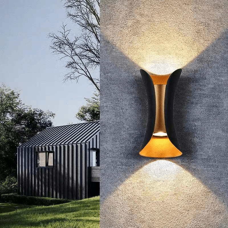 Luminária externa LED em alumínio resistente à água para áreas externas. Preto e dourado