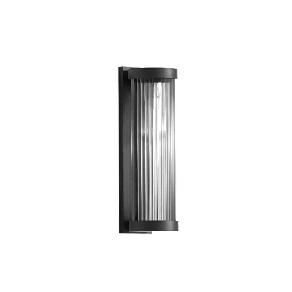 Luminária externa cilíndrica de metal e vidro, resistente à água IP65 com design moderno.