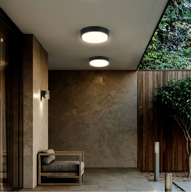 Luminária externa de alumínio LED embutida, redonda e resistente à água para áreas externas.