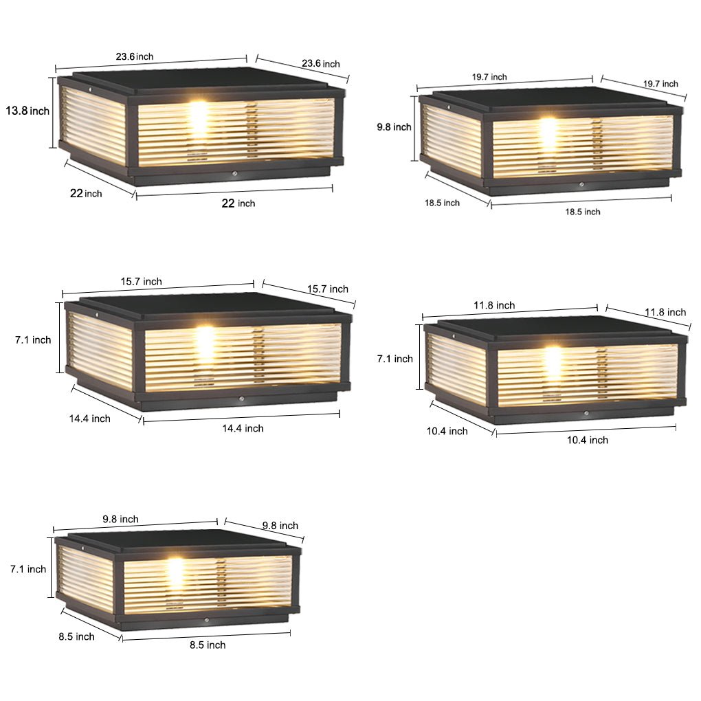 Luminária externa de poste em vidro com design quadrado para instalação ao ar livre.