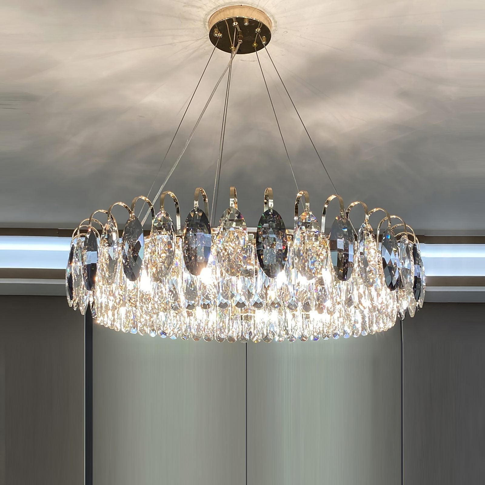 Lustre Brilhante em Cristal K9 de Luxo Redondo: 12 Lâmpadas D100cm x H22.8cm (D39.4" x H9") Ouro