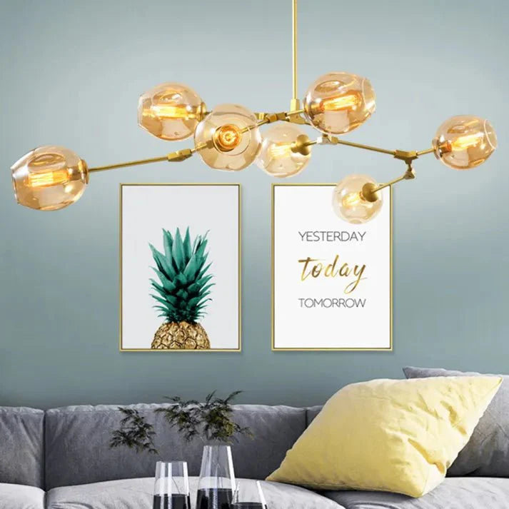 Lustre Sputnik de Vidro Bolha com Design Bifurcado Dourado Âmbar