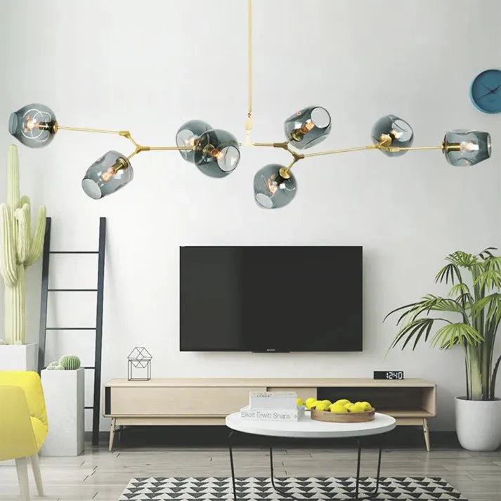 Lustre Sputnik de Vidro Bolha com Design Bifurcado Dourado Azul