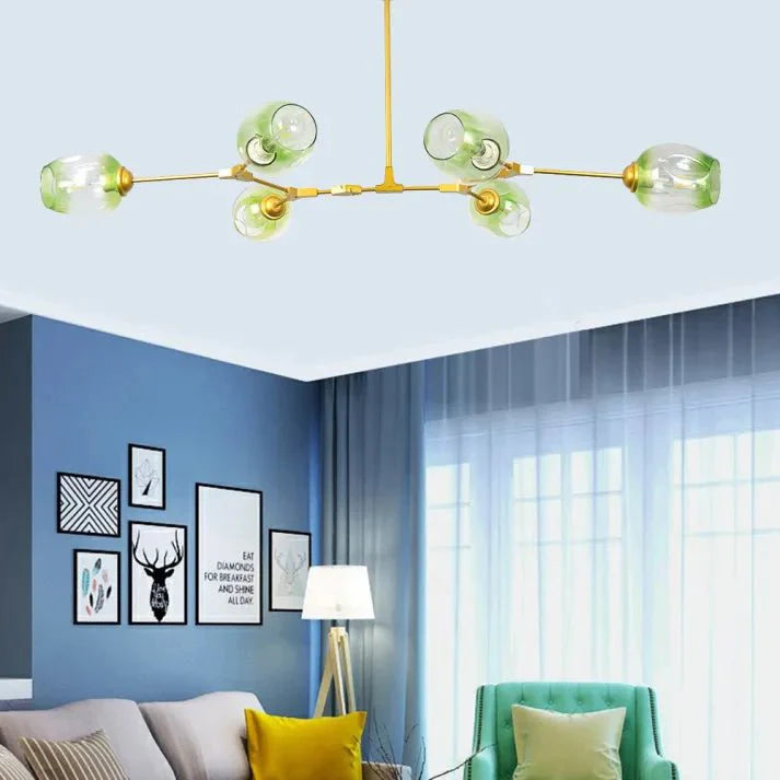 Lustre Sputnik de Vidro Bolha com Design Bifurcado Dourado Verde