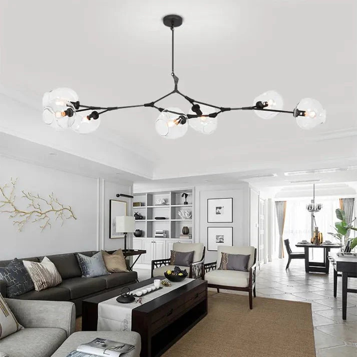 Lustre Sputnik de Vidro Bolha com Design Bifurcado Preto Azul 7 cabeças-L59" x A35.4" L150cm x A90cm