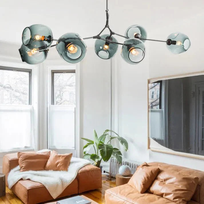 Lustre Sputnik de Vidro Bolha com Design Bifurcado Preto Azul 8 cabeças-L70.8" x A39.3" L180cm x A100cm