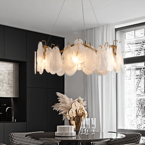 Lustre contemporâneo de vidro com 6 luminárias e nuvens com fios reguláveis