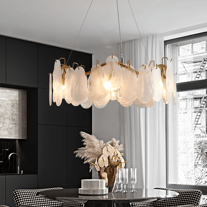 Lustre contemporâneo de vidro com 6 luminárias e nuvens com fios reguláveis