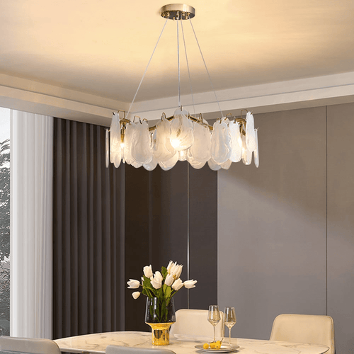 Lustre contemporâneo de vidro com 6 luminárias e nuvens com fios reguláveis
