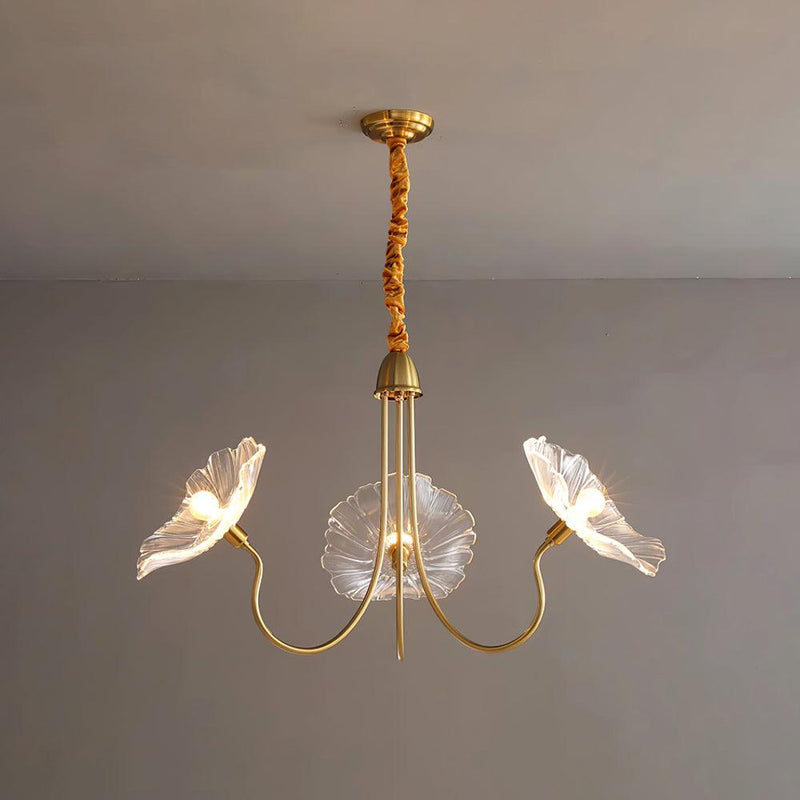 Lustre de Flores em Vidro Murano 3 Braços Diâmetro 90cm x Altura 55cm ∅ 35.4″ x Altura 21.7″ Ouro & Transparente
