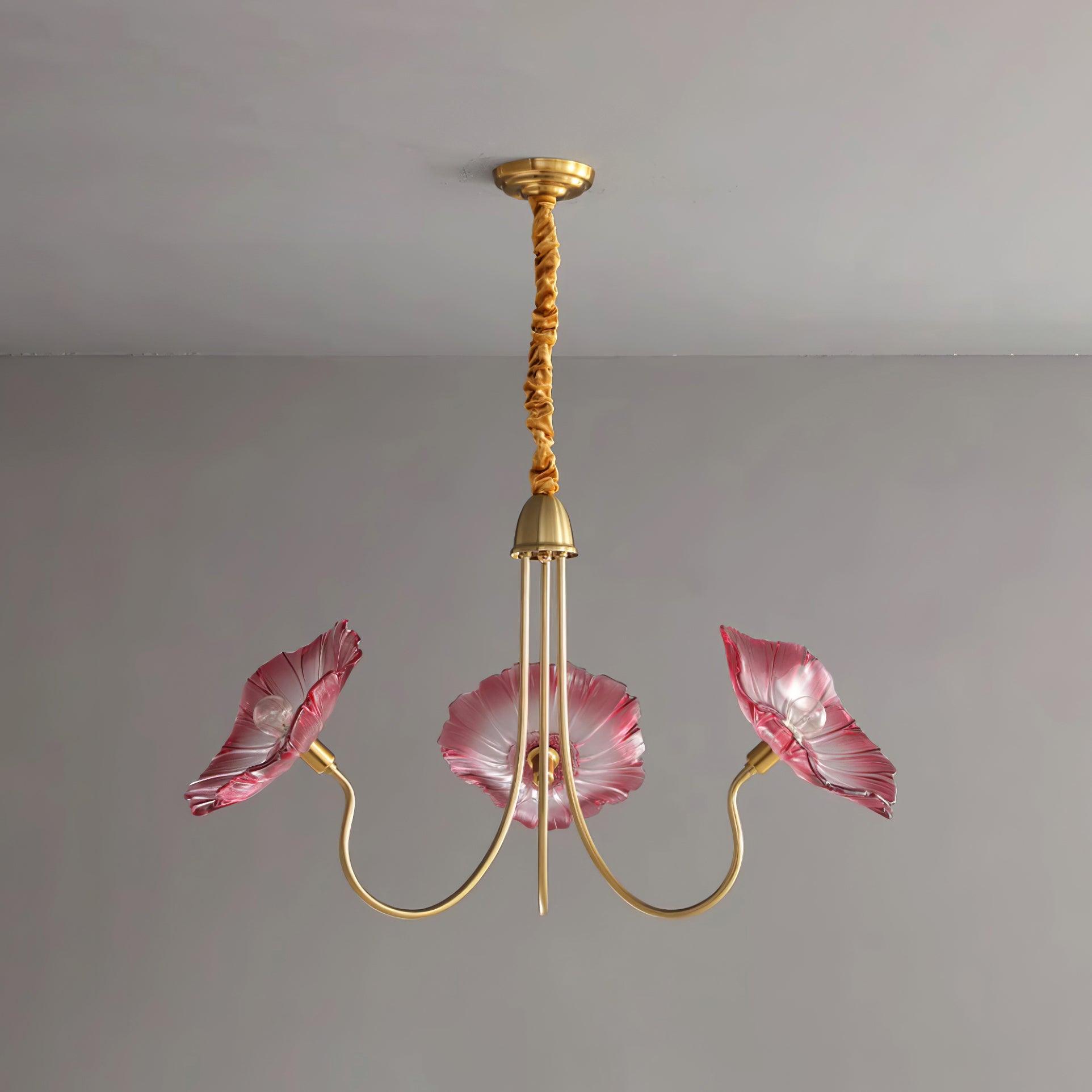Lustre de Flores em Vidro Murano 3 Braços Diâmetro 90cm x Altura 55cm ∅ 35.4″ x Altura 21.7″ Ouro e rosa