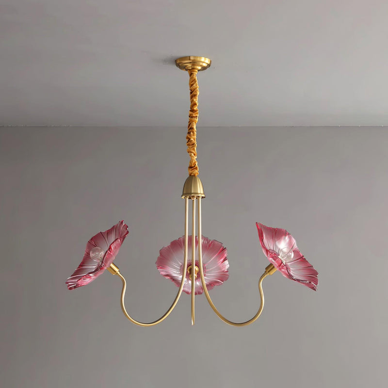 Lustre de Flores em Vidro Murano 3 Braços Diâmetro 90cm x Altura 55cm ∅ 35.4″ x Altura 21.7″ Ouro e rosa