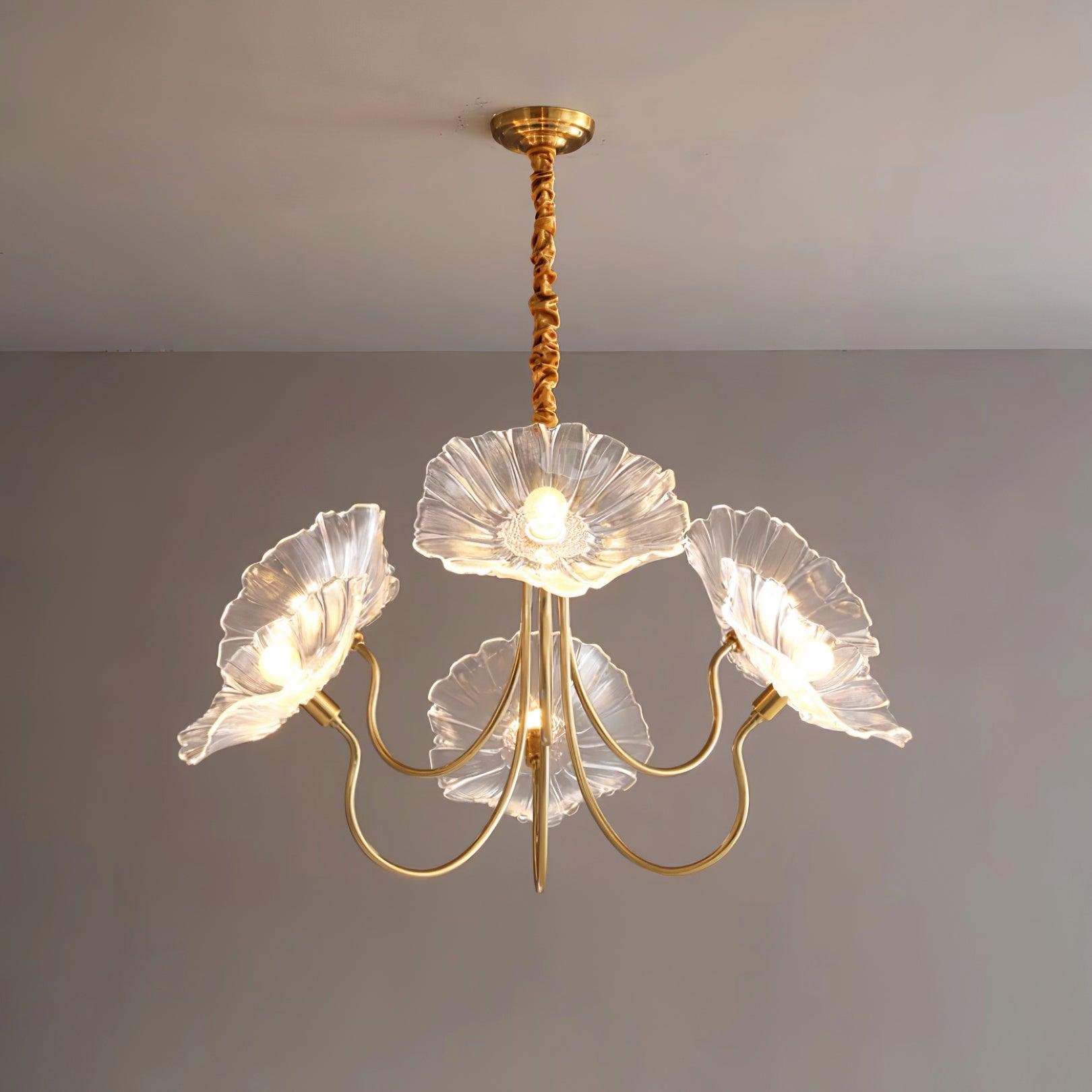Lustre de Flores em Vidro Murano 6 Braços Diâmetro 90cm x Altura 55cm ∅ 35.4″ x Altura 21.7″ Ouro & Transparente