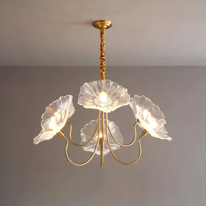 Lustre de Flores em Vidro Murano 6 Braços Diâmetro 90cm x Altura 55cm ∅ 35.4″ x Altura 21.7″ Ouro & Transparente