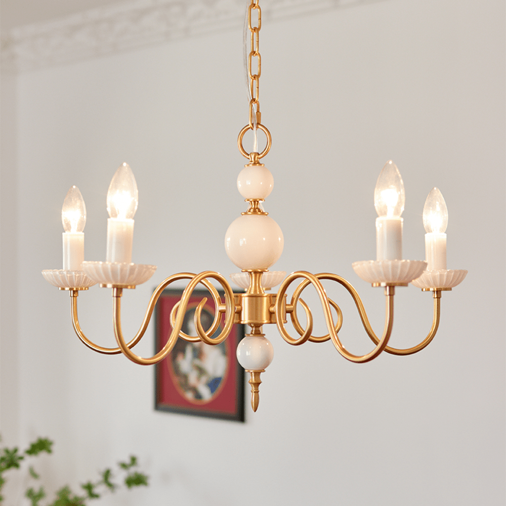 Lustre de cristal crème, lustre metálico vintage americano para quarto.