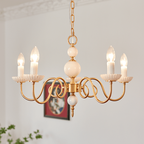 Lustre de cristal crème, lustre metálico vintage americano para quarto.