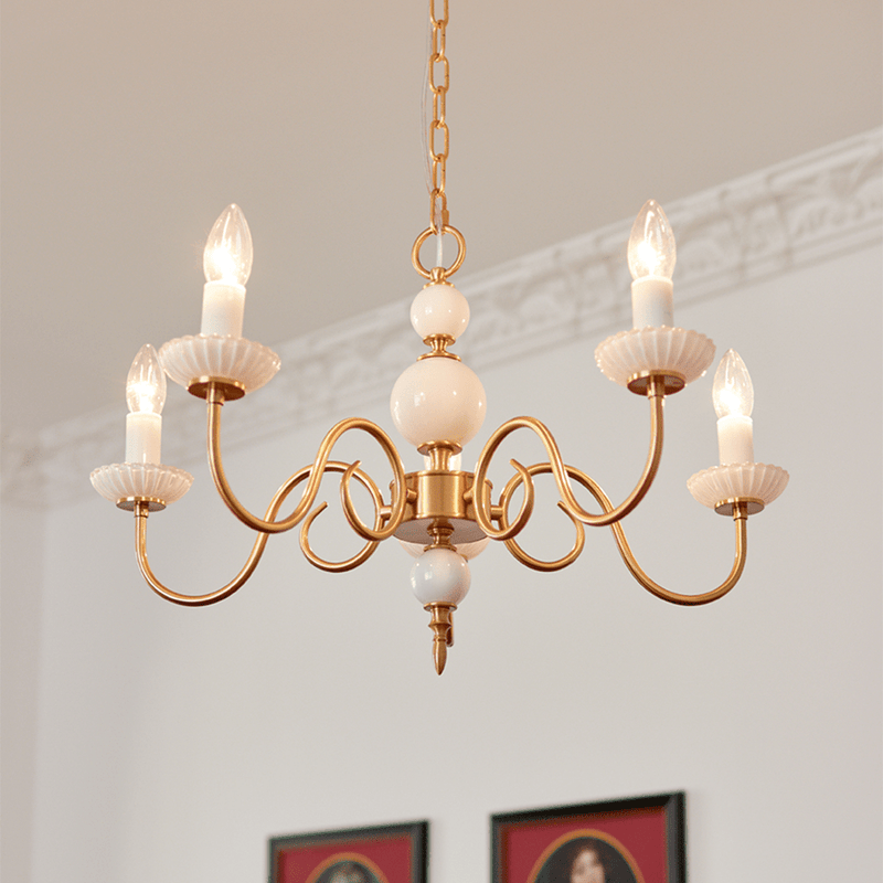 Lustre de cristal crème, lustre metálico vintage americano para quarto.