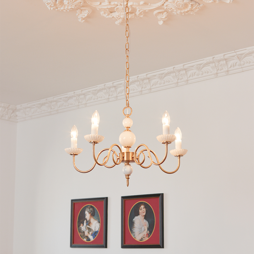 Lustre de cristal crème, lustre metálico vintage americano para quarto.