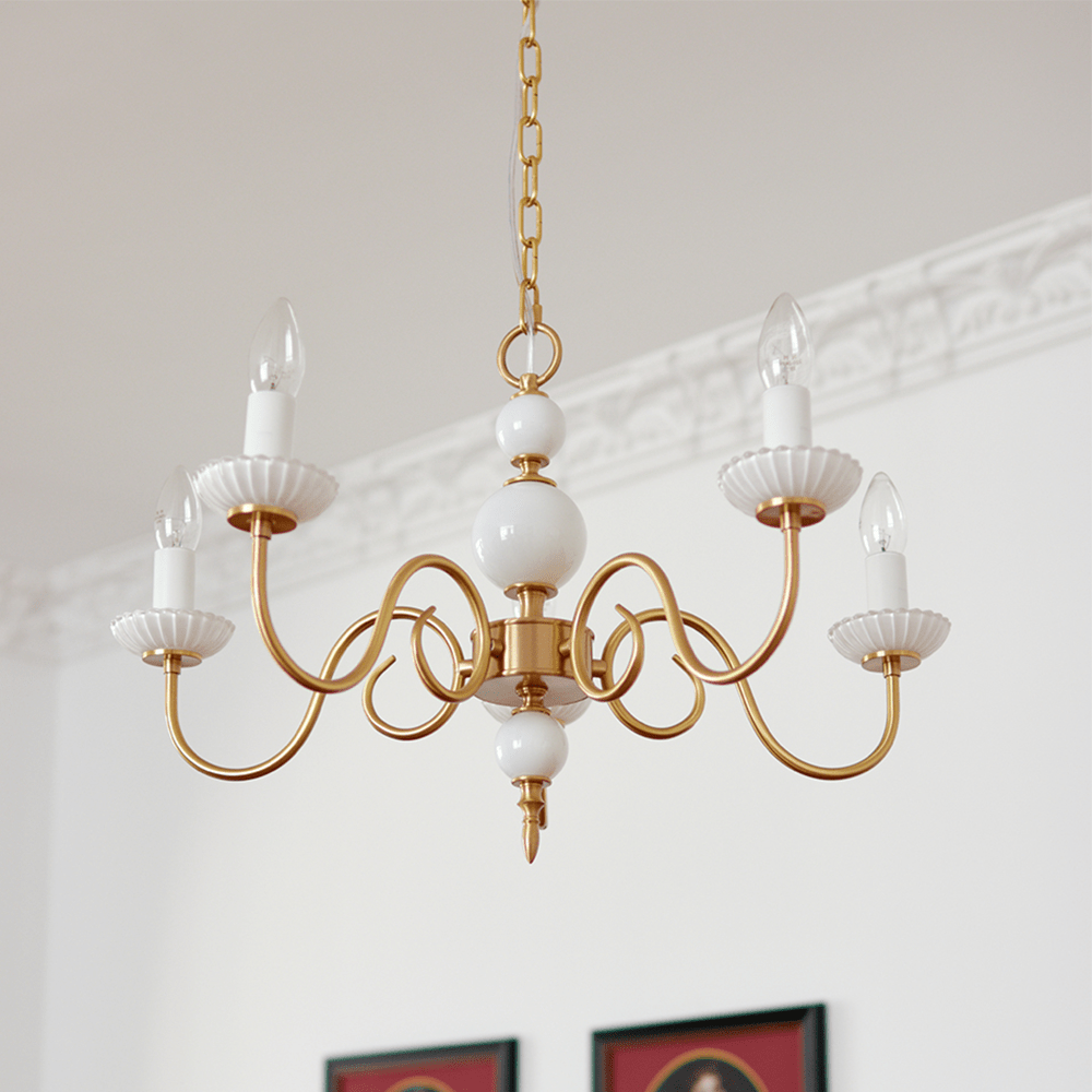 Lustre de cristal crème, lustre metálico vintage americano para quarto.