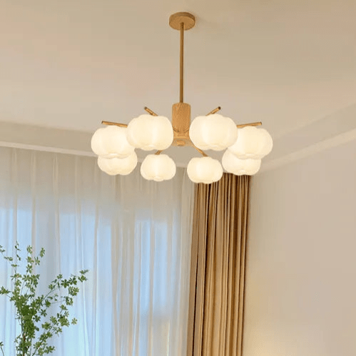 Lustre inovador de madeira com bolinhas de algodão para sala de estar