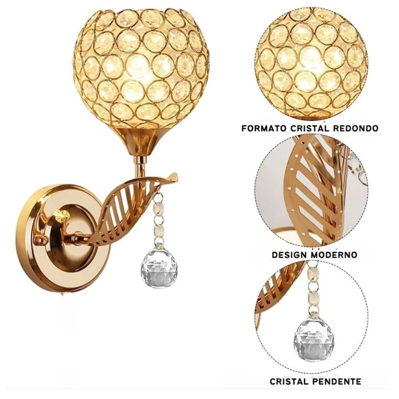 Pendente Redondo de Cristal Dourado com Design de Pena