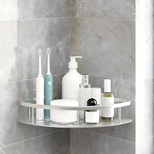Prateleira Curvada para Chuveiro – Solução Elegante e Funcional de Organização Prata