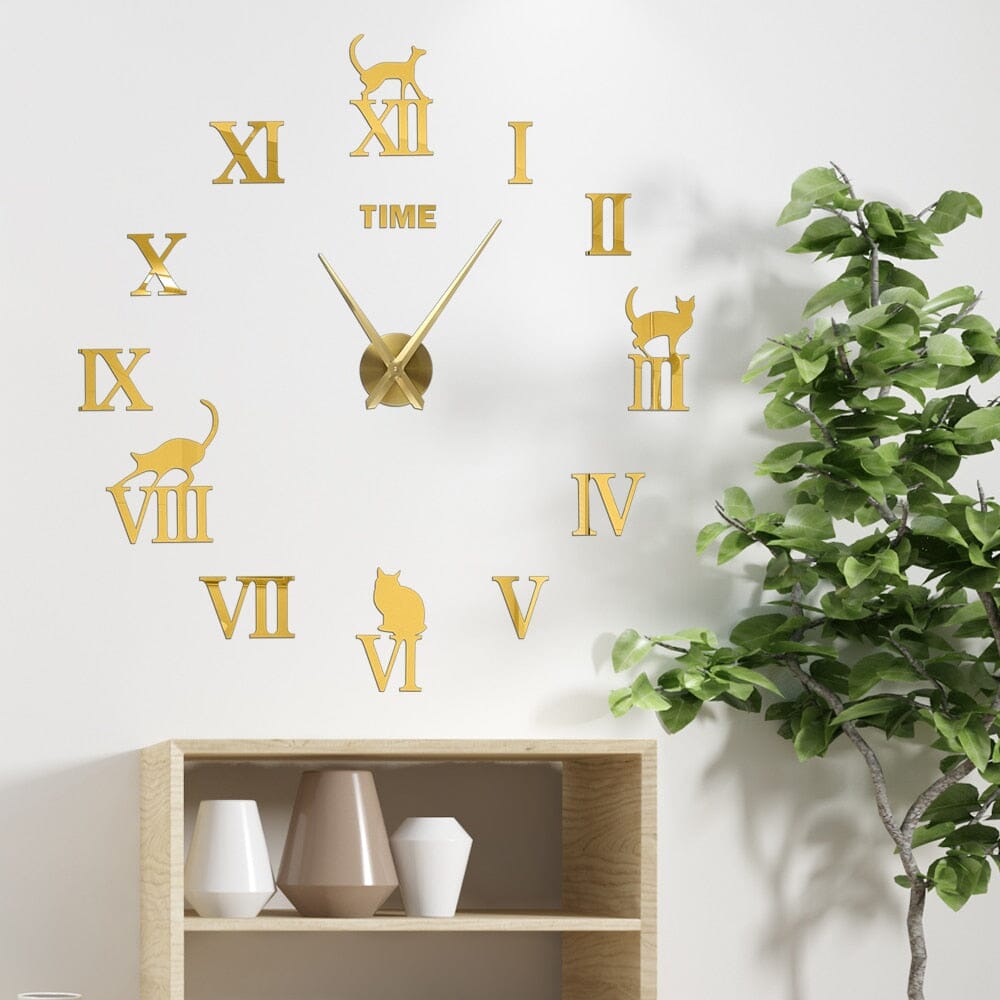Relógio de parede decorativo em 3D com tema de gato Ouro 47 cm