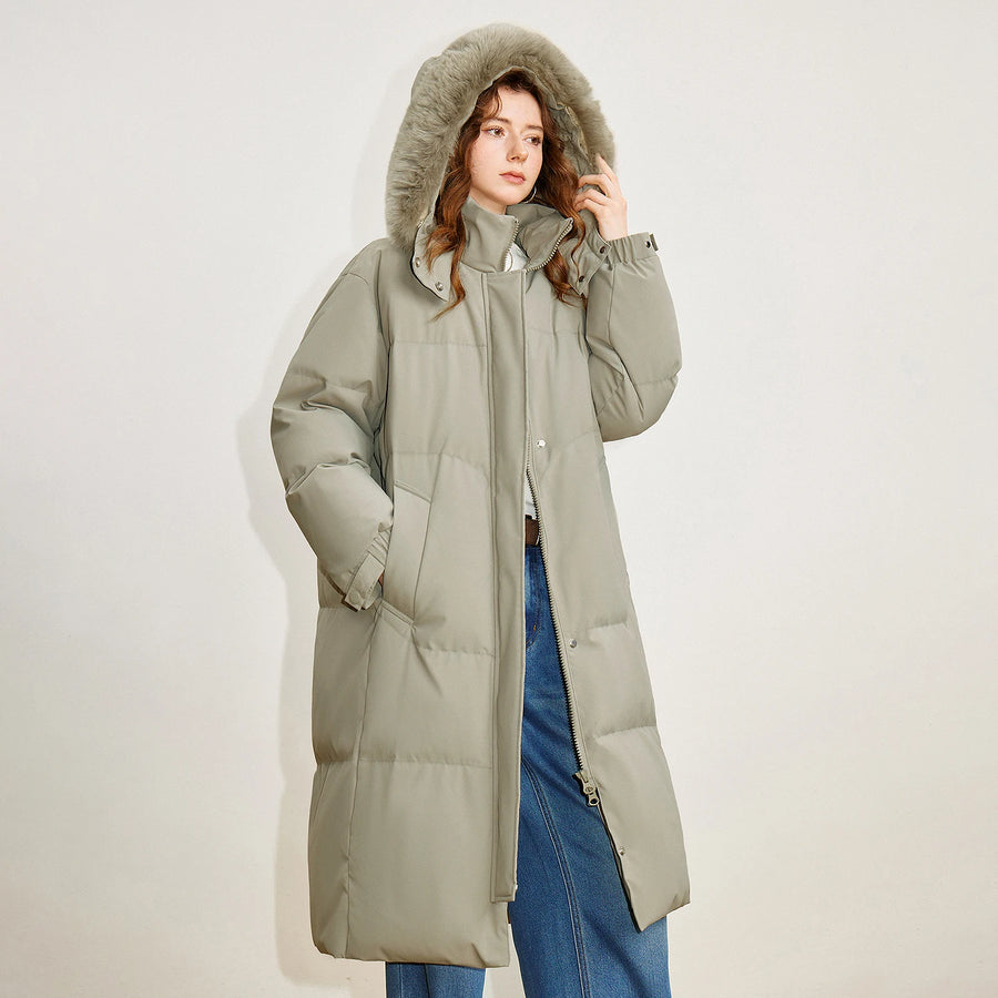 Casaco Puffer Feminino Midi com Capuz e Gola de Pelo