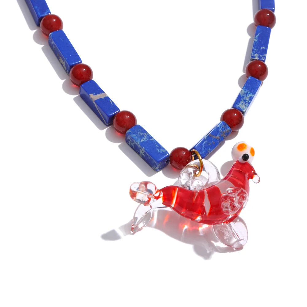Yhpup Ocean Style Glazed Sea Lion Fish Pendant Necklace High Quality Natural Stone Chain Handmade Jewellery Waterproof Gift YH688A Sea Lion