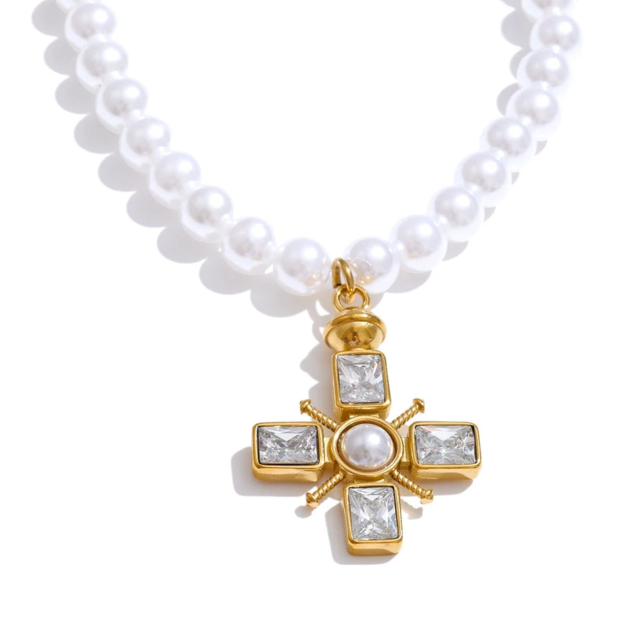 Colar Feminino Cruz com Pérola em Aço Inoxidável 3 YH965A