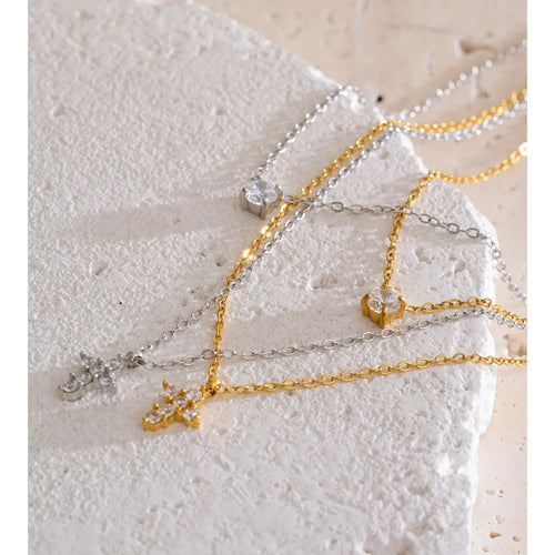 Yhpup High Quality Double-Layer Chain Zirconia Cross Pendant Delicate Necklace Stainless Steel Temperament Fashion Gift Jewelry