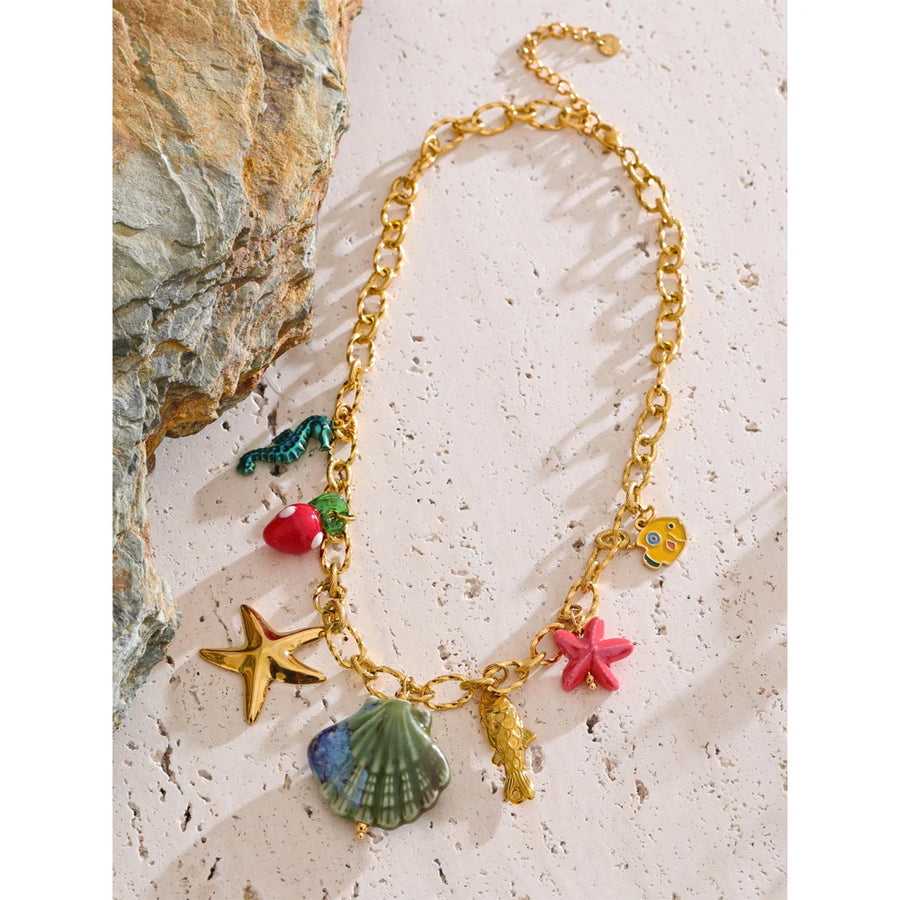 Yhpup 2025 Ocean Style Summer Enamel Ceramic Shell Starfish Pendant Necklace Fashion Trendy Stainless Steel Vacation Jewelry